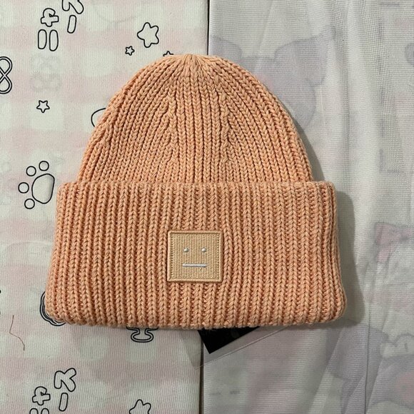 Acne Studios Embroidered Smiley Face Knit Hat Pink Orange - Picture 1 of 5